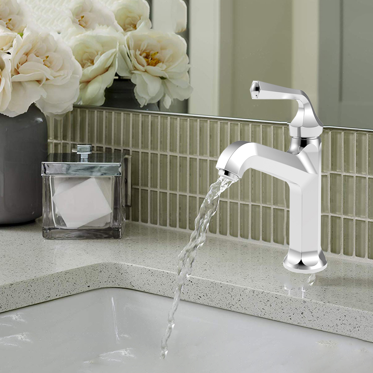 Rubinetto per lavabo da bagno antico con design moderno con taglio a diamante e una maniglia, cromato lucido, con CUPC