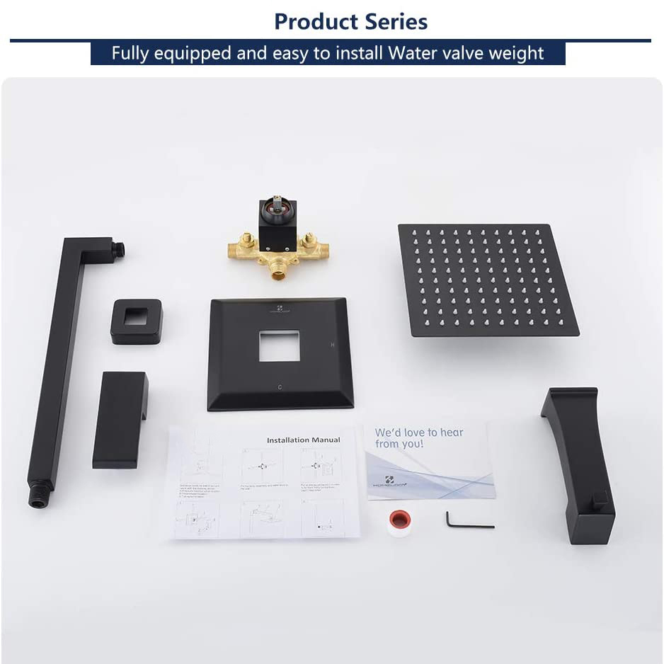 Kit e valvola per rivestimento doccia nero opaco certificato Aquacubic cUPC, con soffione doccia quadrato da 8'', valvola di controllo in ottone e beccuccio per vasca