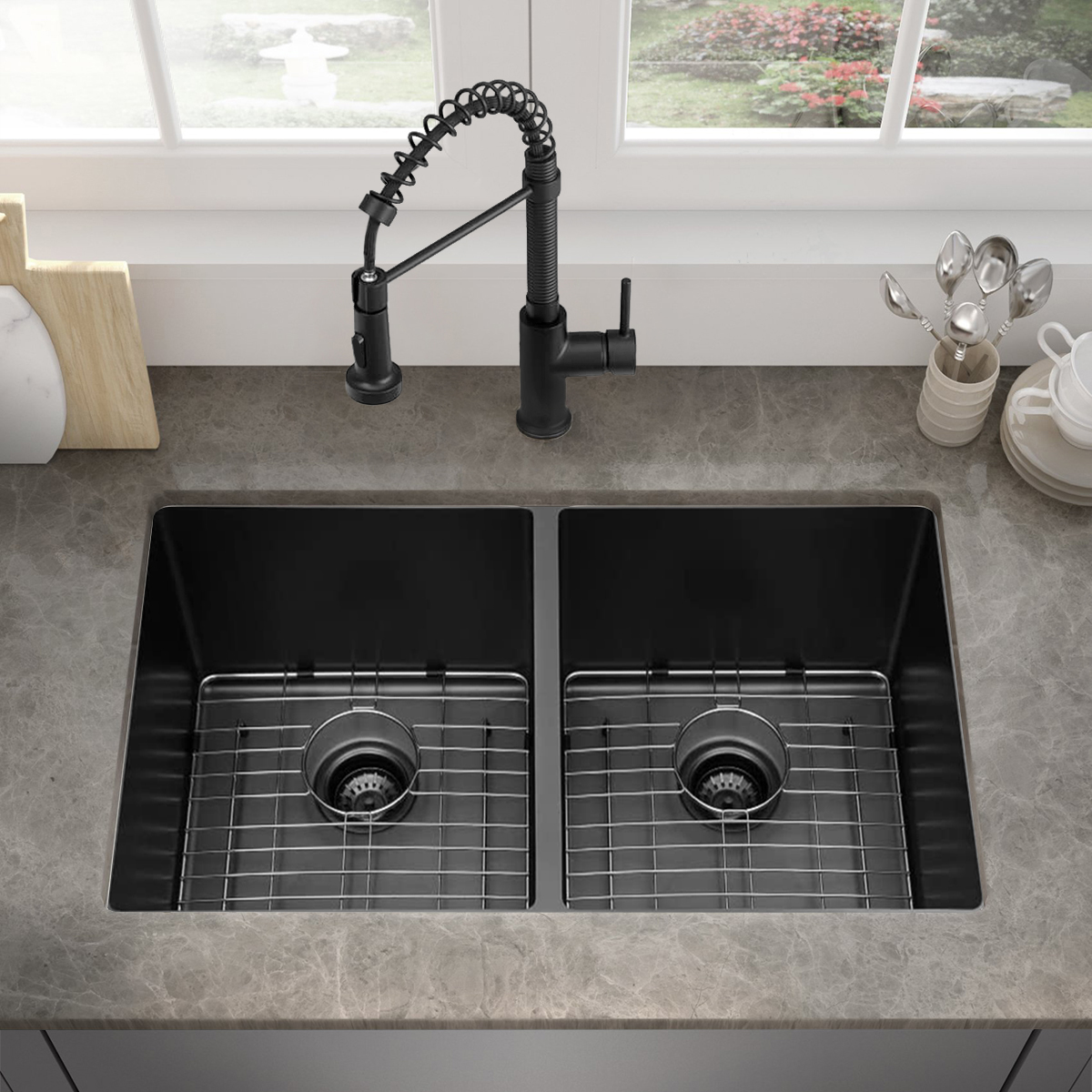 Lavello da cucina a doppia vasca sottotop da 33 pollici in acciaio inossidabile 304 nero Nano fatto a mano