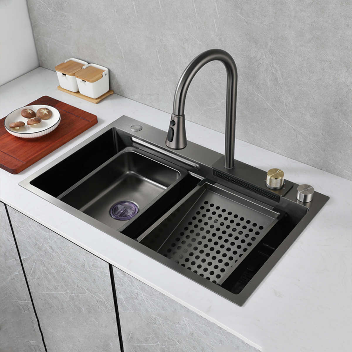 Lavello da cucina da incasso a vasca singola in acciaio inossidabile nero Lavello da cucina con montaggio su piano con accessori per rubinetto