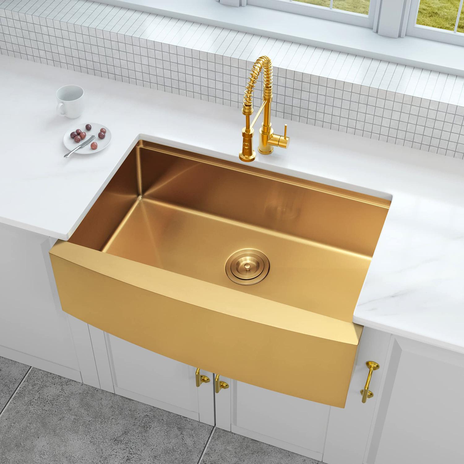Lavello da cucina a vasca singola fatto a mano in acciaio inossidabile color oro 304 con sporgenza