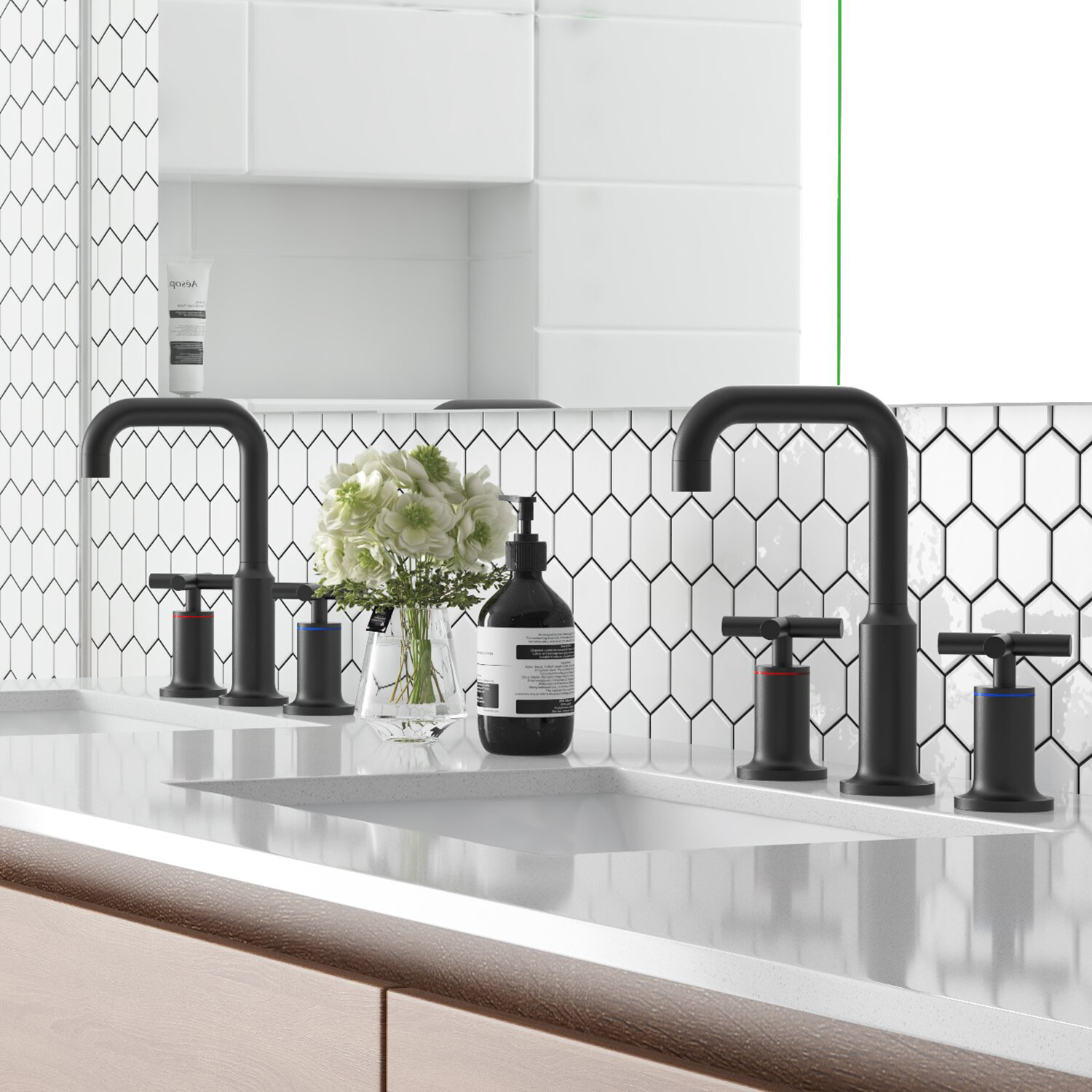 Rubinetto per lavabo diffuso contemporaneo UPC Cupc in ottone a due maniglie nero