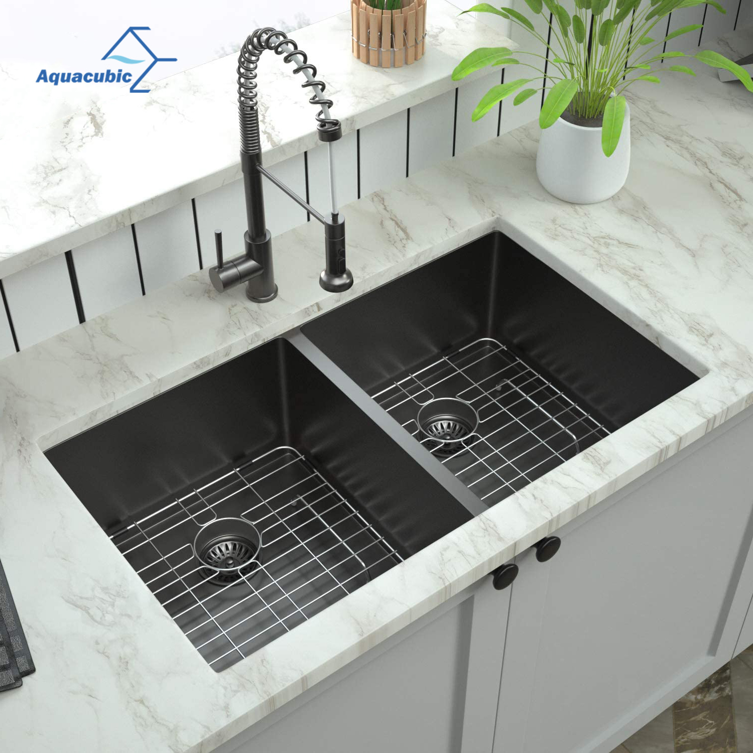 Lavello da cucina a doppia vasca sottotop da 33 pollici in acciaio inossidabile 304 nero Nano fatto a mano