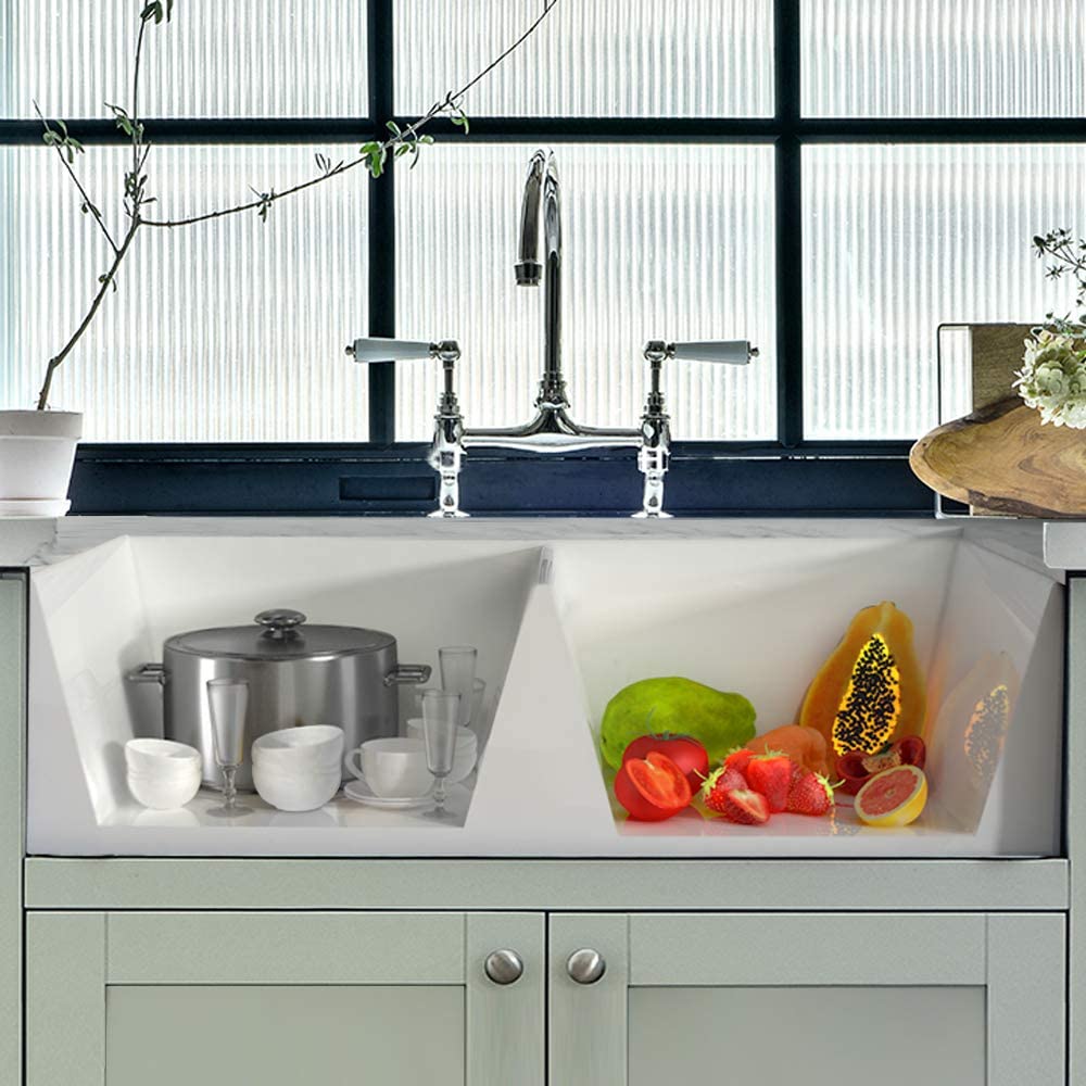 Lavello da cucina reversibile a doppia vasca da 33 pollici in ceramica bianca con 2 griglie in acciaio inossidabile e 2 scarichi